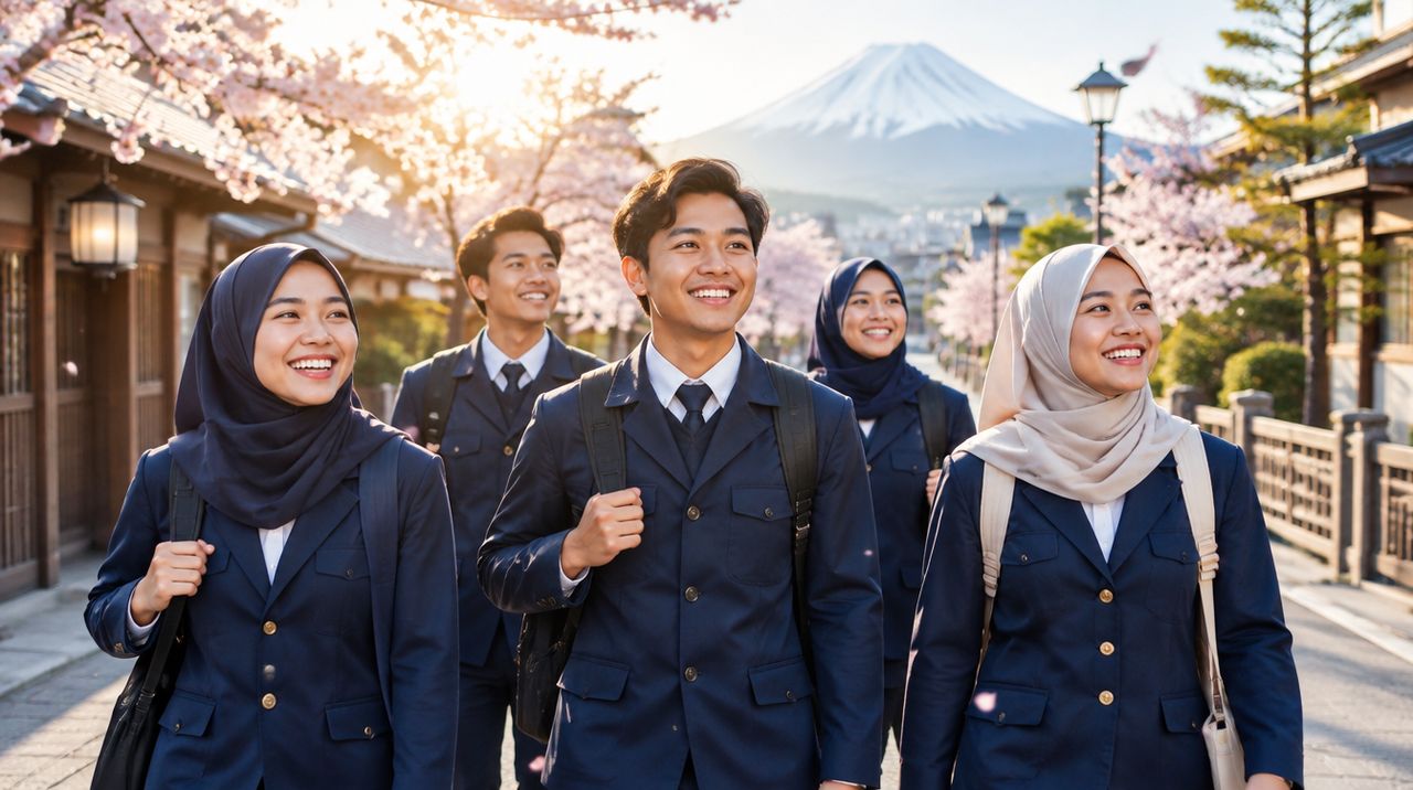 Anak muda Indonesia berseragam navy berjalan bersama di jalan Jepang