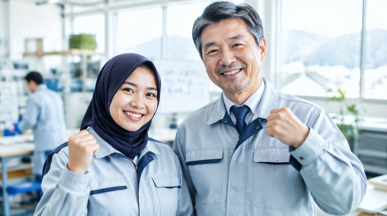 Siswa Indonesia bekerja bersama rekan Jepang di pabrik makanan