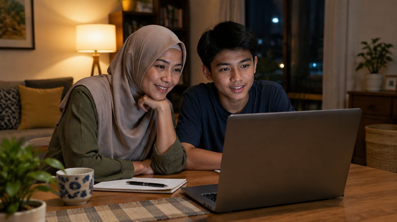 Anak muda belajar di meja pada malam hari